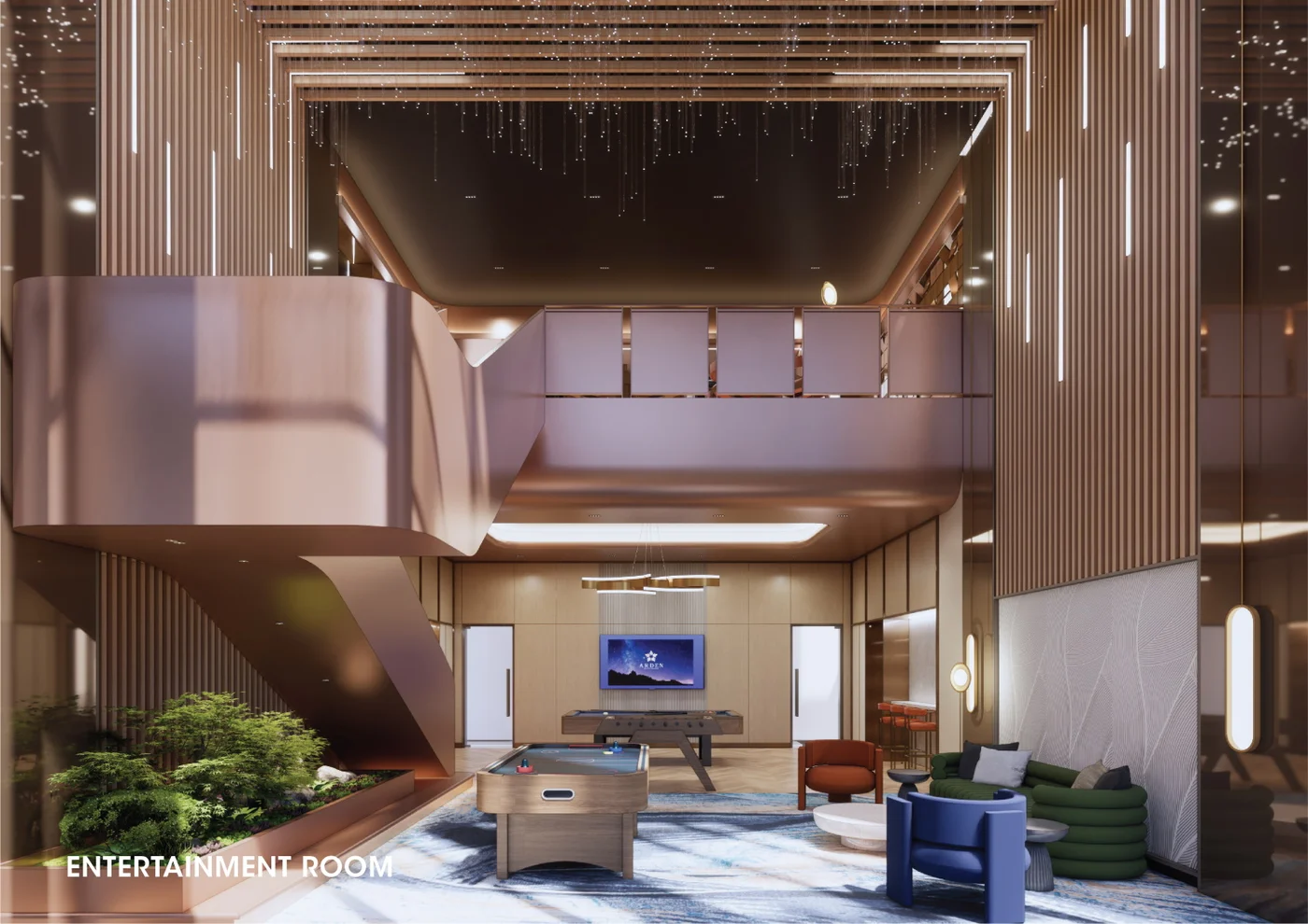 Arden entertainment room render with games and lounge seating