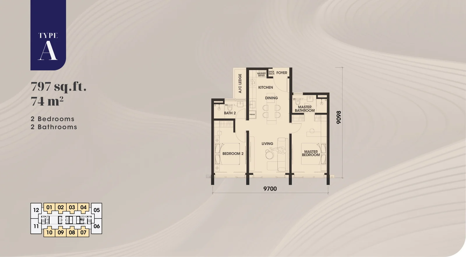 Arden Type A official floor plan: 797 sq.ft., 2 bedrooms, 2 bathrooms