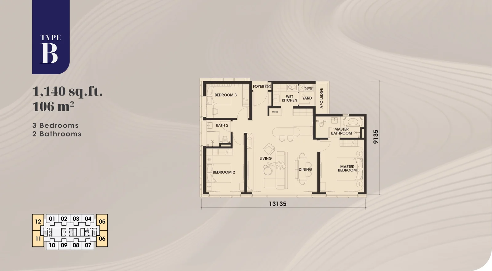 Arden Type B official floor plan: 1,140 sq.ft., 3 bedrooms, 2 bathrooms