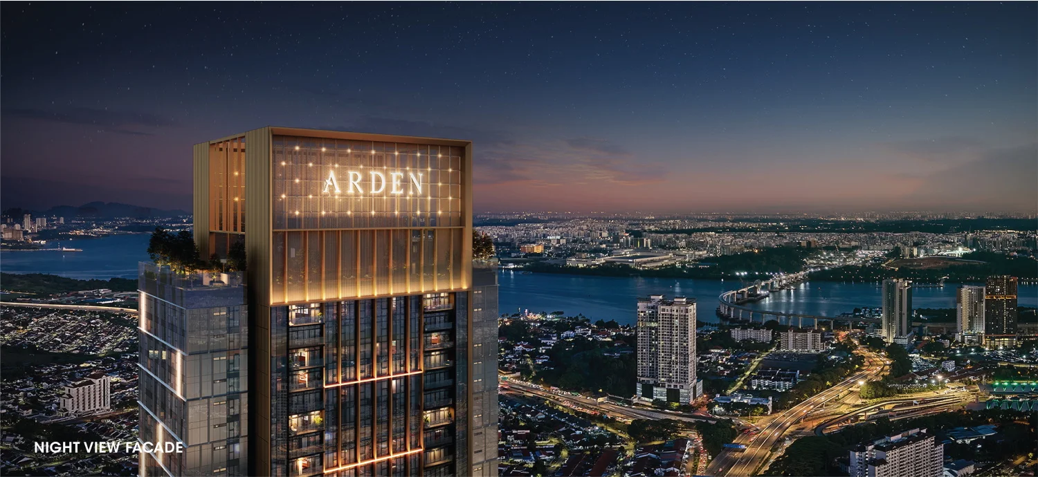 Arden tower at dusk rising above Johor Bahru's skyline with the Straits of Johor and Singapore causeway in the background