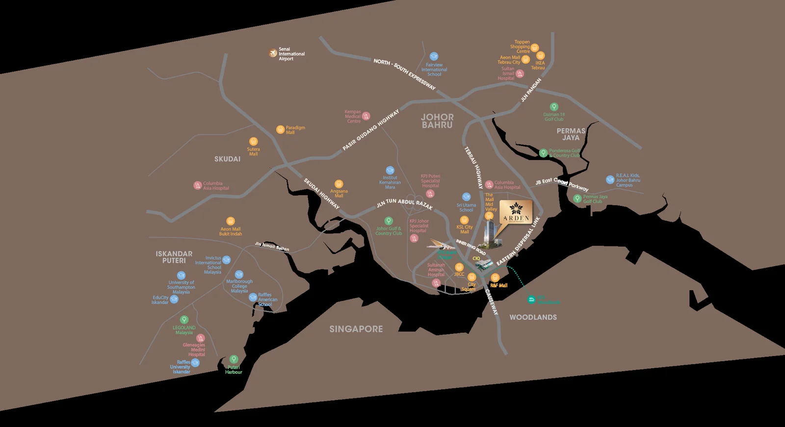Official location map showing Arden at One Bukit Senyum relative to the CIQ Complex, RTS Link, Causeway and Singapore